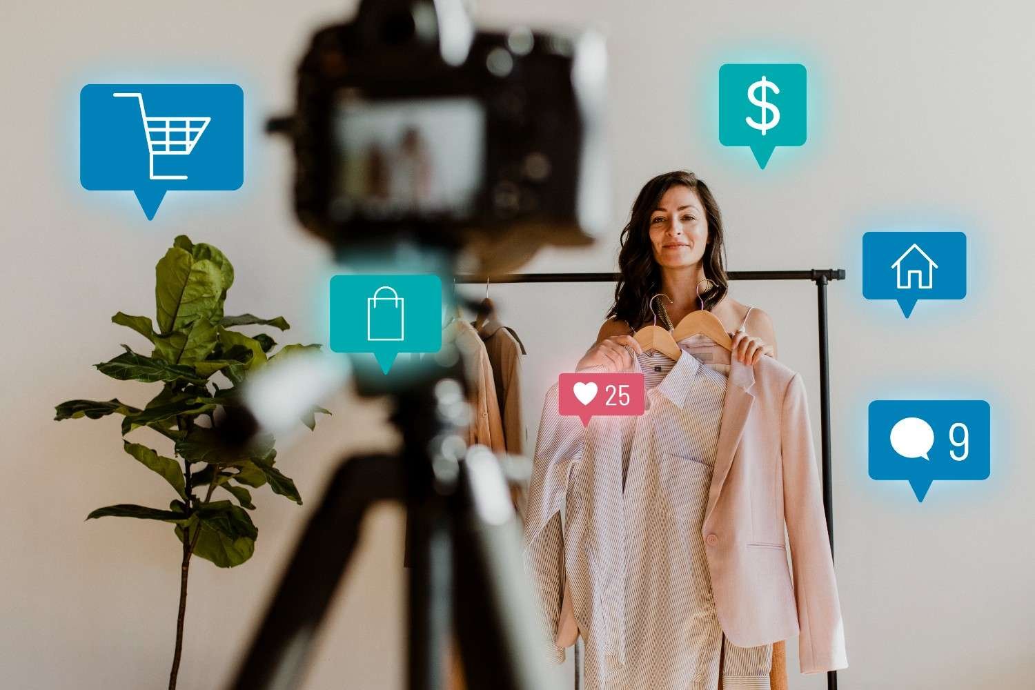 Woman presenting fashion products during a live social commerce stream with shopping, engagement, and interaction icons floating around the scene.